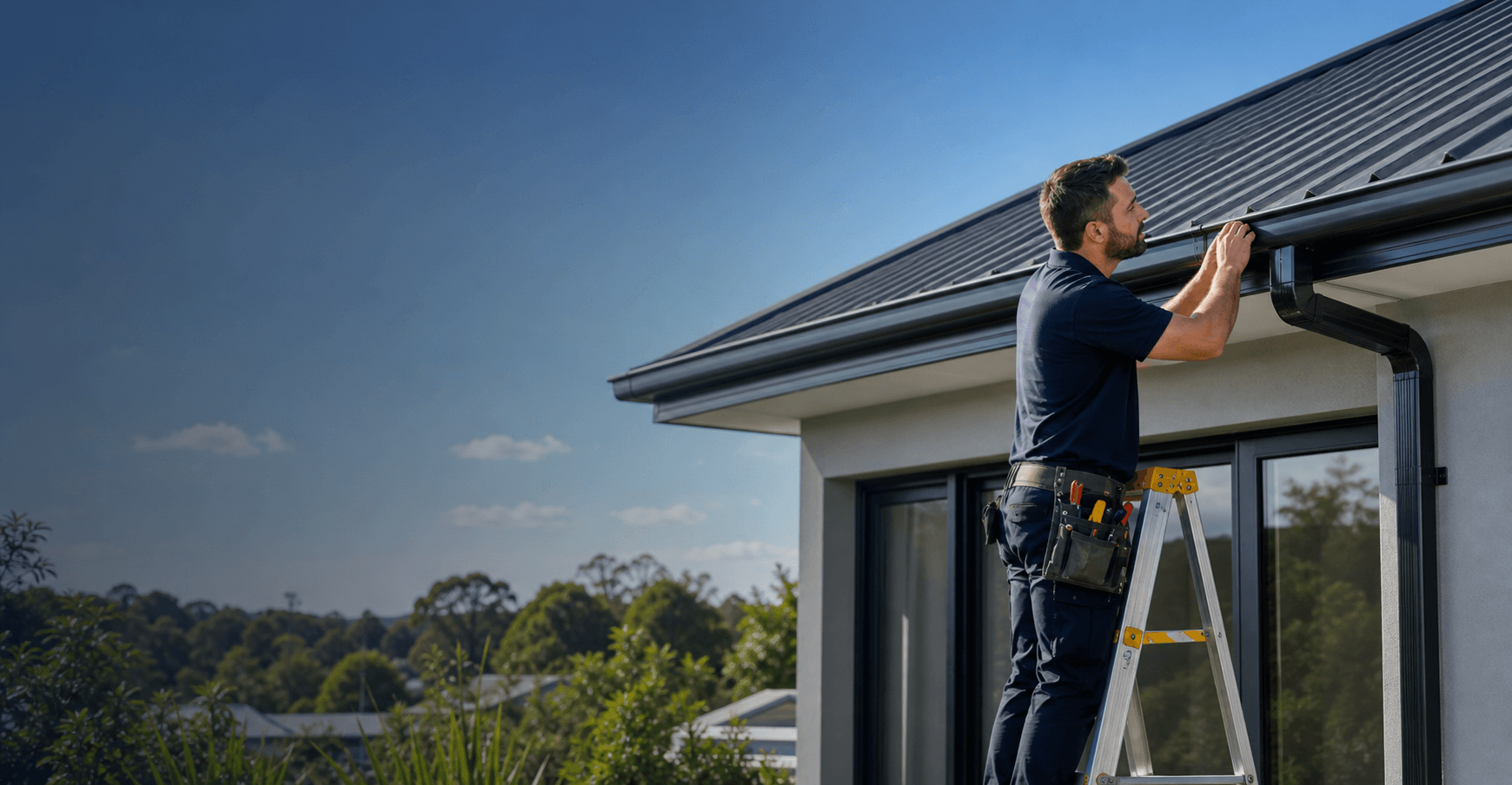 Roofing technician fitting gutters to a modern Queensland metal roof